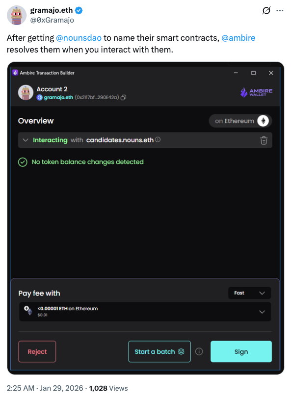 X post showing Nouns DAO contracts being resolved by name in Ambire Wallet
