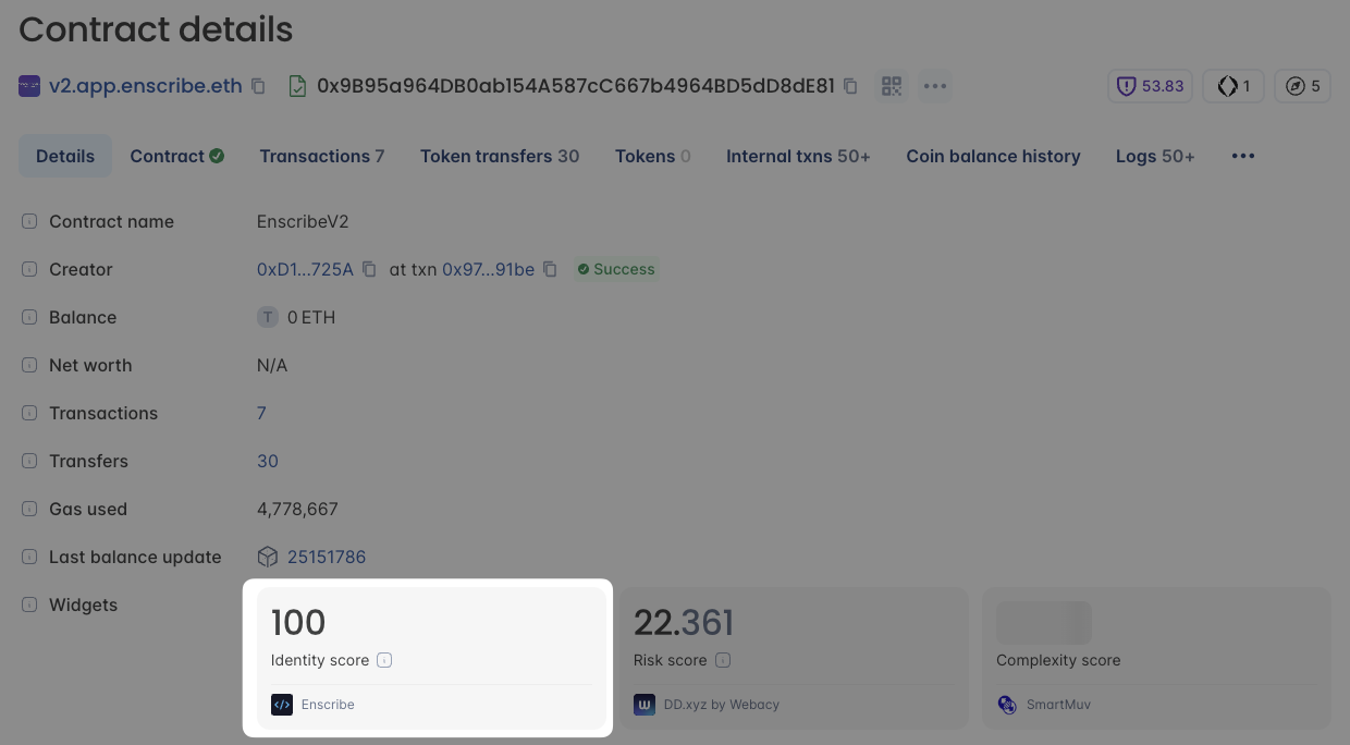 Blockscout identity scores for smart contracts