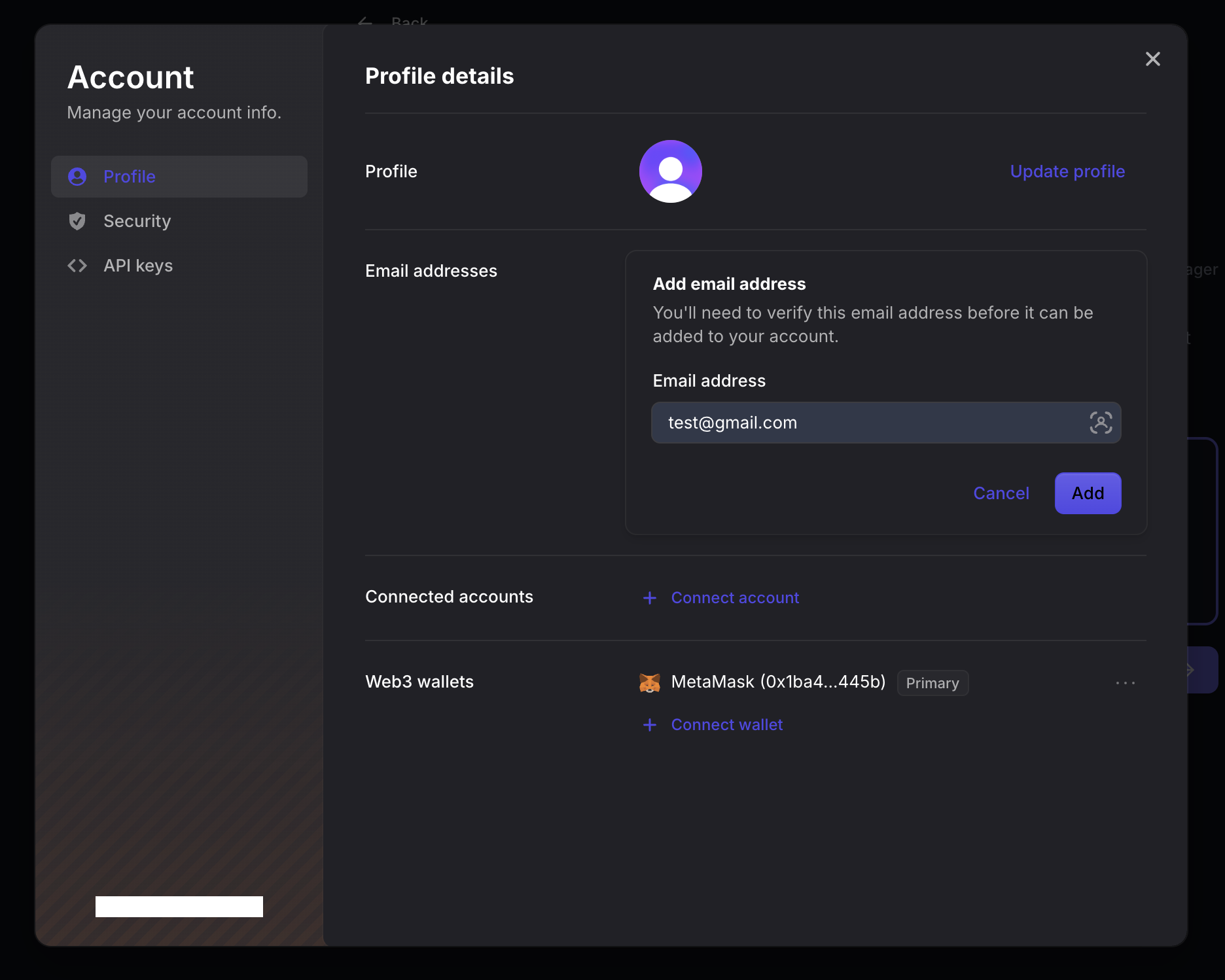 Manage profile panel where user can add an email address