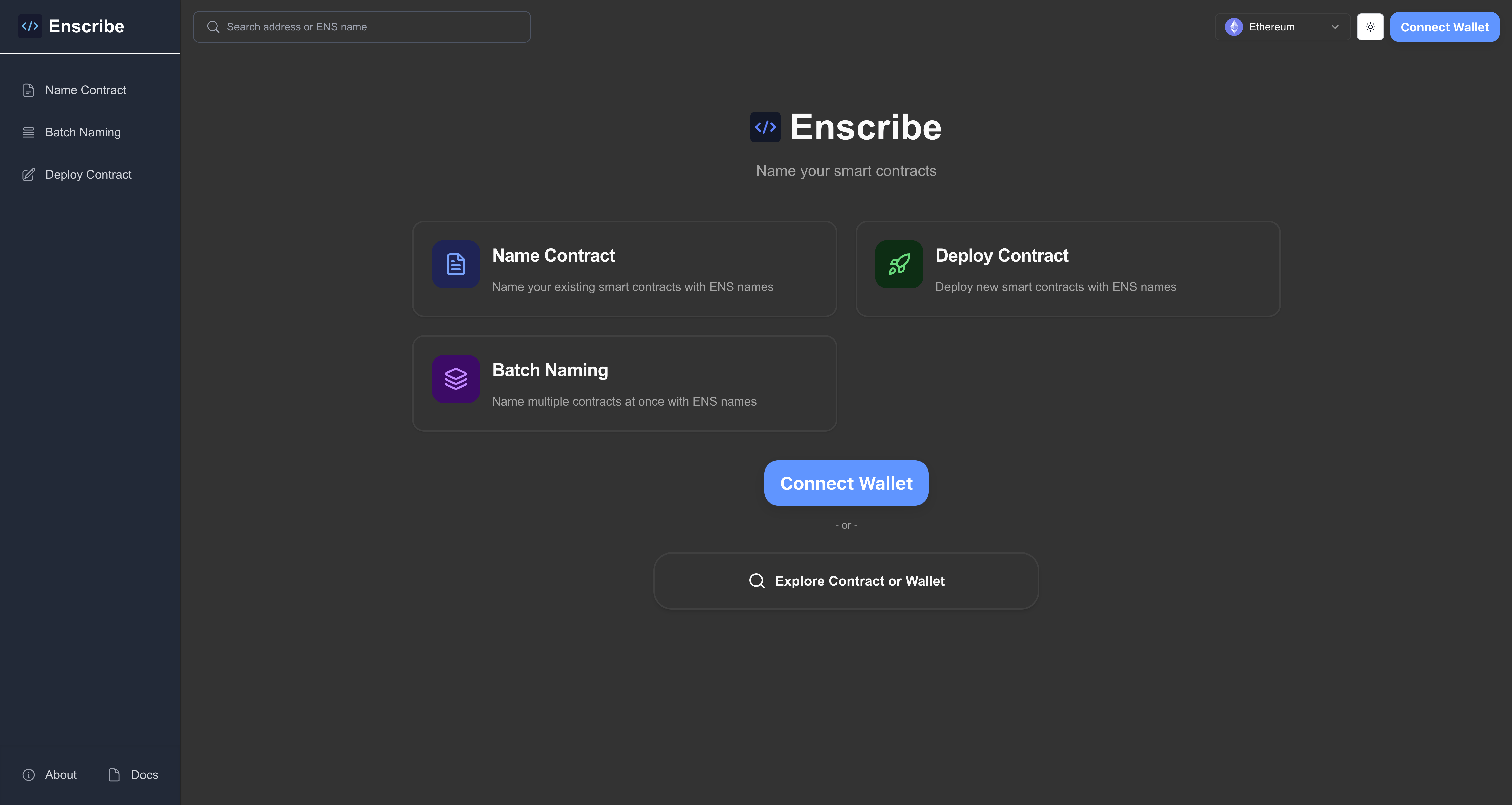 Enscribe main page with card-based design