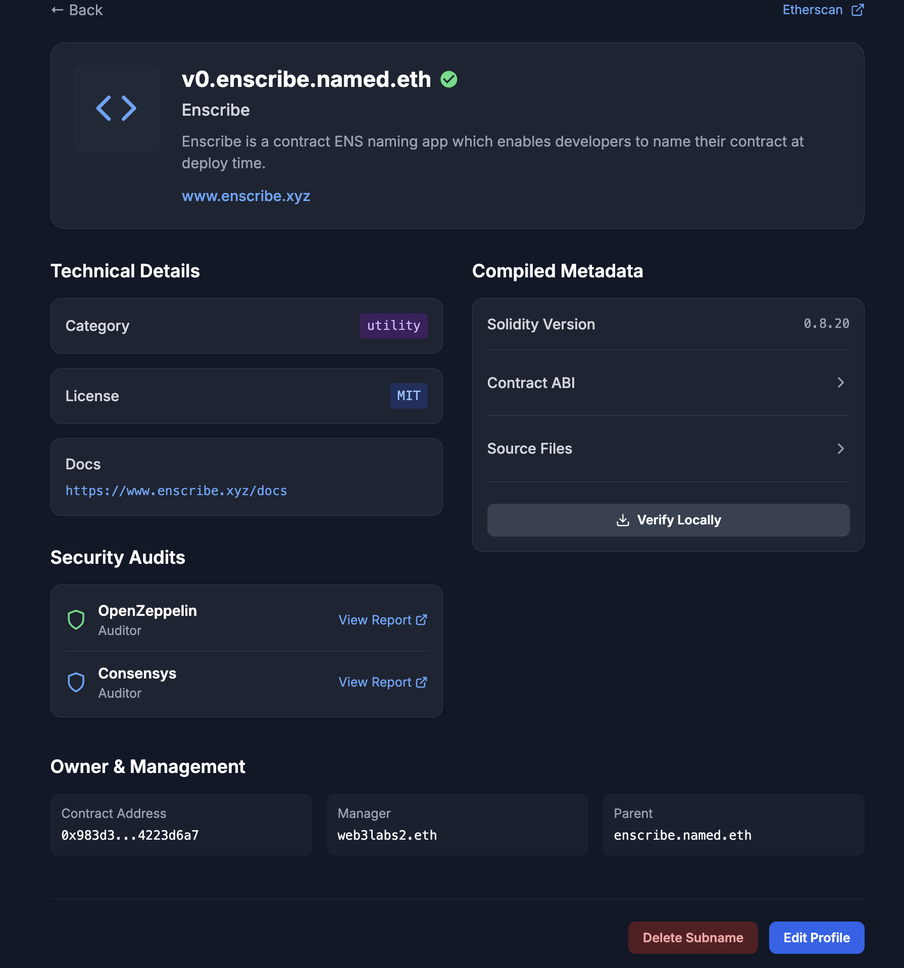 Enscribe contract profile showing organized technical details