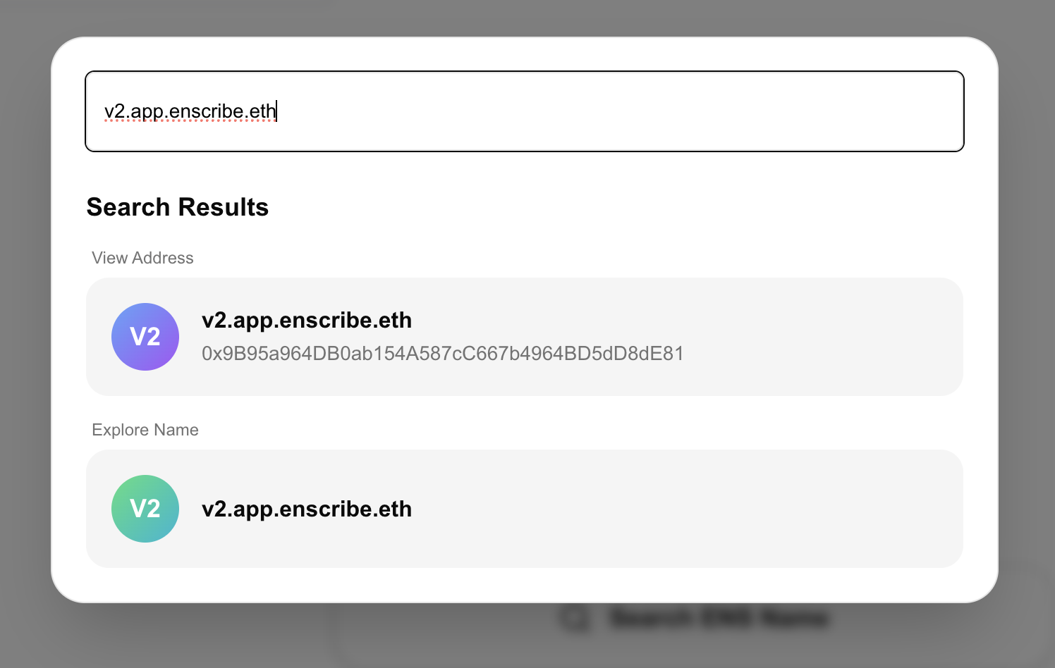 Search modal showing two options