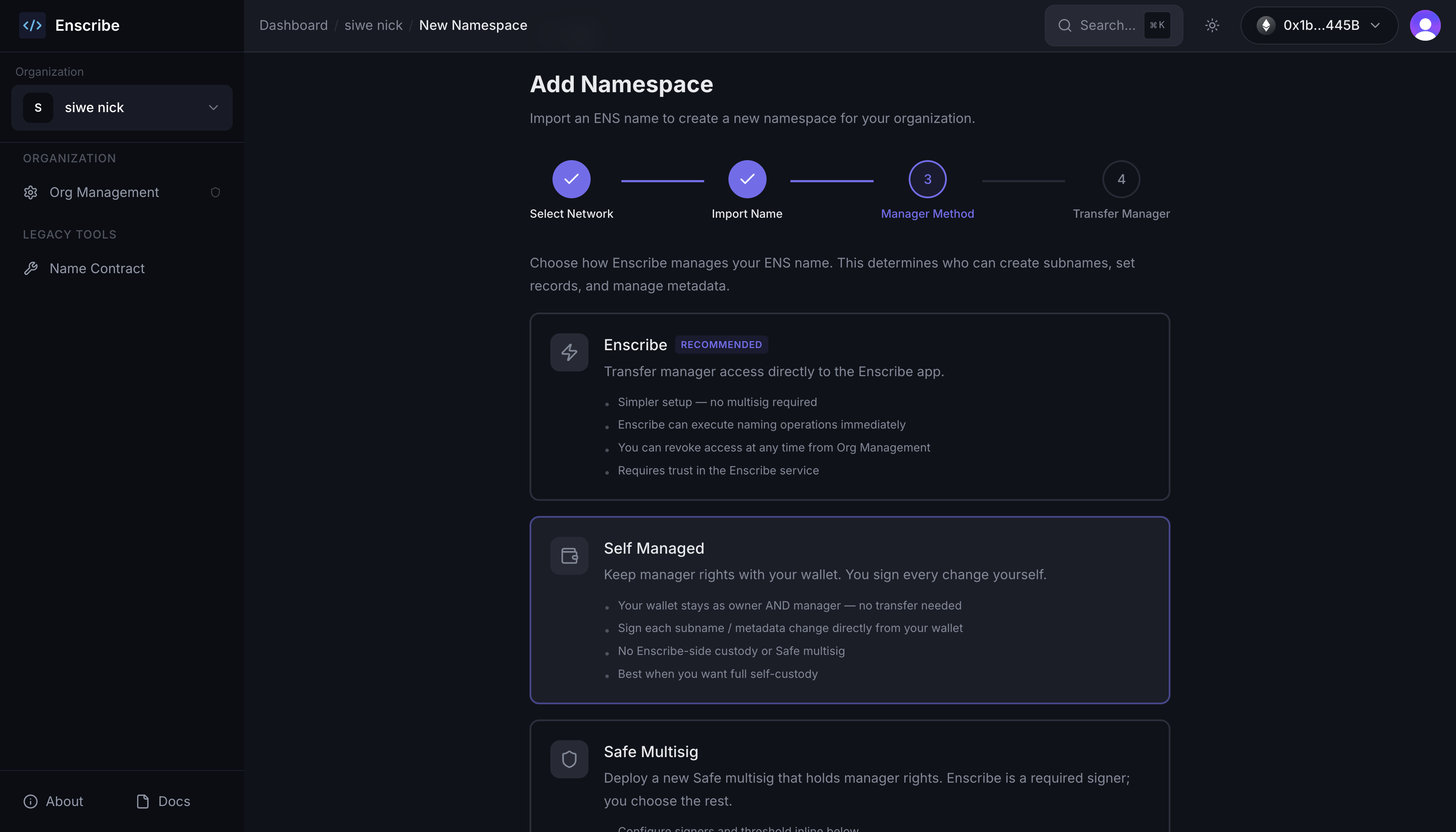 Namespace onboarding "manager method" step with the Self Managed option