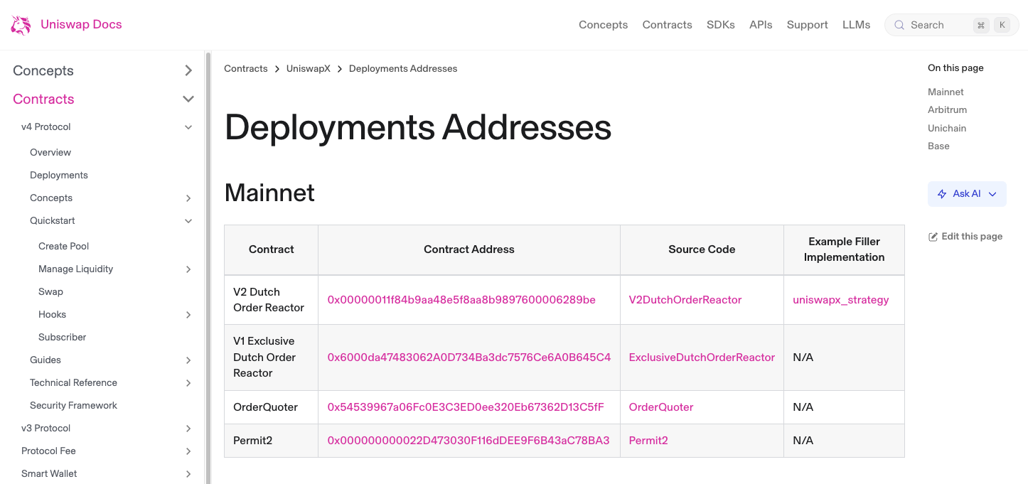 Uniswap contract addresses in their docs