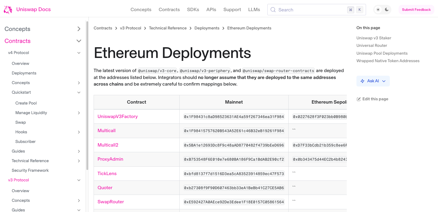 Uniswap Ethereum deployments on their docs page